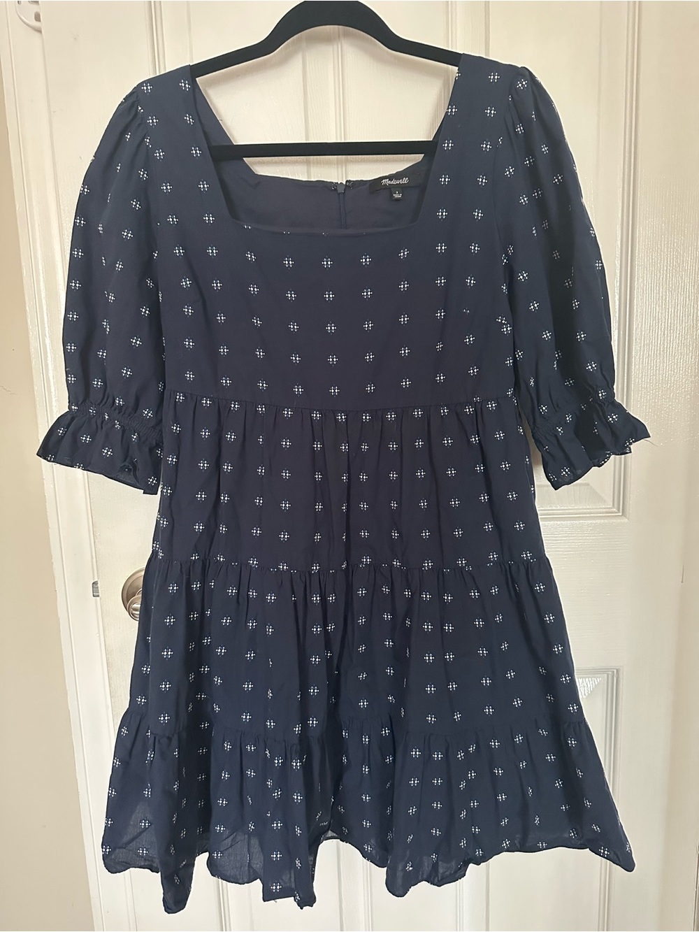 Madewell Navy Blue Puff-Sleeve Tiered Dress with White Motifs